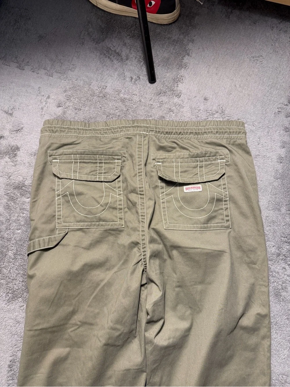 True Religion Double Knee Men's Green Carpenter Pants Baggy Drawstring Wide Leg
